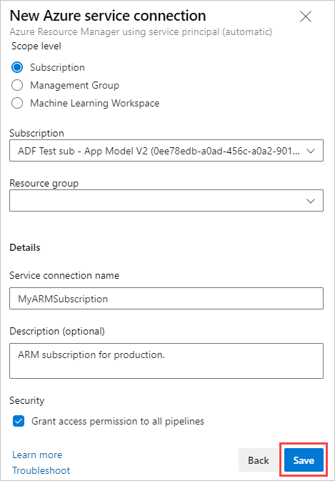 Cuadro de diálogo de conexiones de Azure Resource Manager