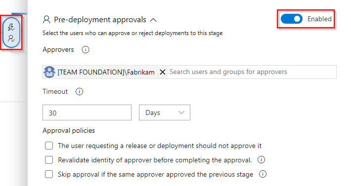 Captura de pantalla que muestra cómo configurar aprobaciones previas a la implementación.
