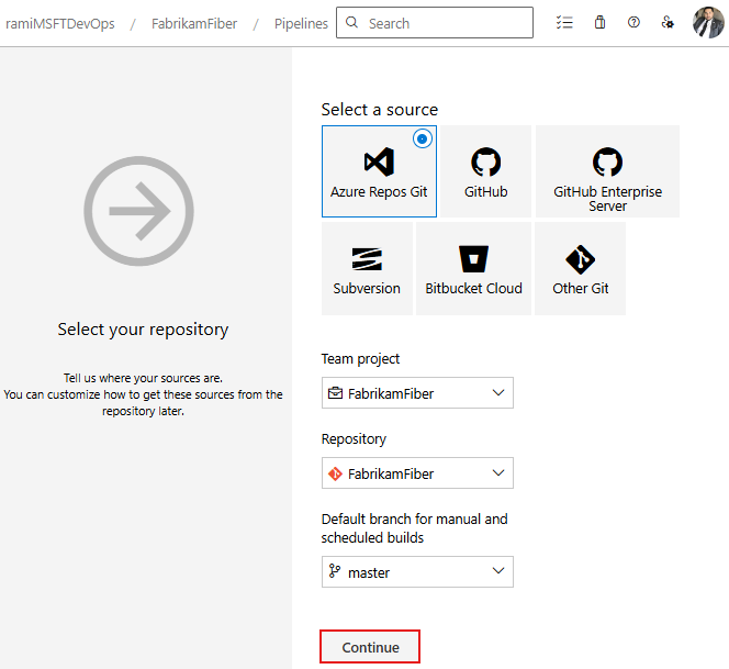 Captura de pantalla que muestra cómo seleccionar el repositorio en una canalización clásica.