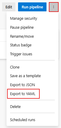 Captura de pantalla que muestra cómo exportar una canalización clásica a YAML.