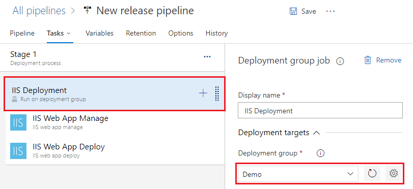 Captura de pantalla que muestra cómo configurar el grupo de implementación de IIS.