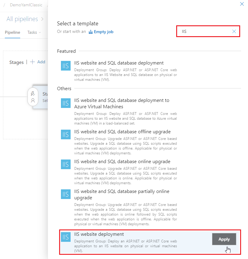 Captura de pantalla que muestra cómo añadir la plantilla Implementación de sitios web de IIS.