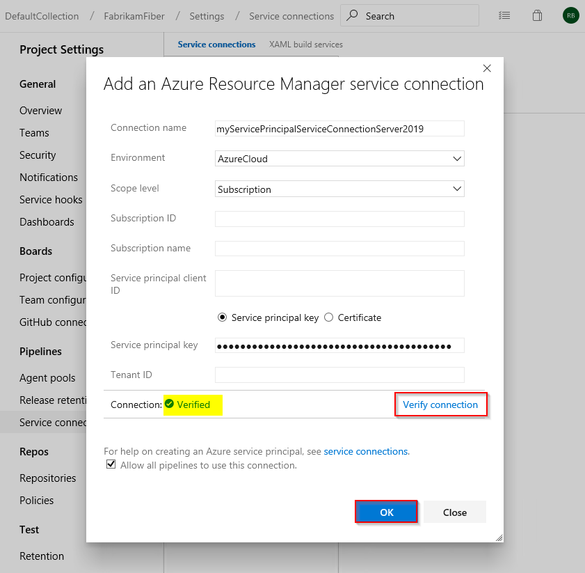 Captura de pantalla que muestra cómo crear una nueva conexión de servicio ARM mediante la entidad de servicio en Azure DevOps Server 2019.