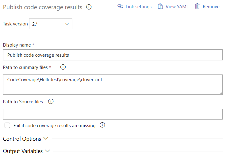 Captura de pantalla que muestra la tarea Publicar resultados de cobertura de código v2