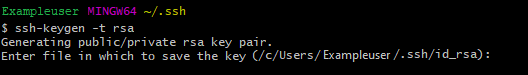 Captura de pantalla del símbolo del sistema de GitBash para escribir un nombre para el par de claves SSH.