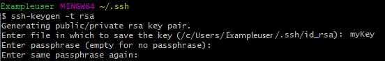 Captura de pantalla del símbolo del sistema de GitBash para escribir una frase de contraseña para el par de claves SSH.
