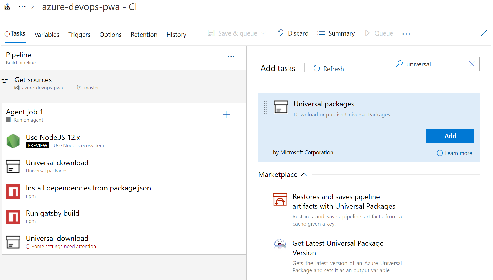 Captura de pantalla de la configuración de una tarea paquete universal para publicar.