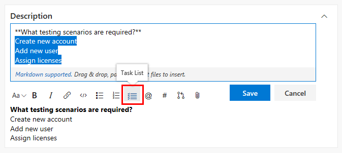 Captura de pantalla del formato de lista de tareas de Markdown en una lista resaltada en una solicitud de incorporación de cambios.