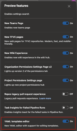Habilitación del editor de plantillas YAML en características en versión preliminar