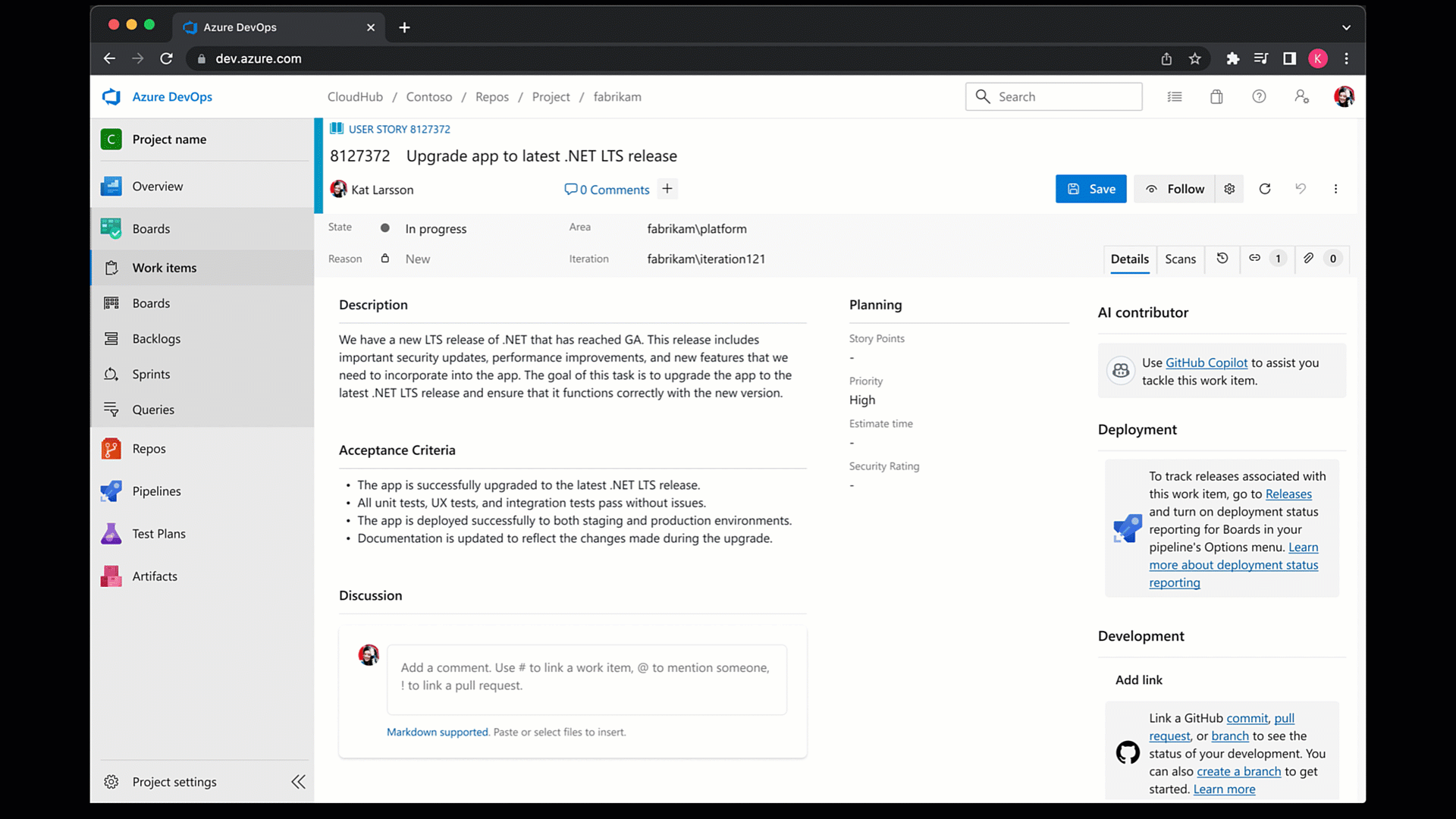 Ejemplo gif animado de integración de elementos de trabajo con el agente de codificación de GitHub