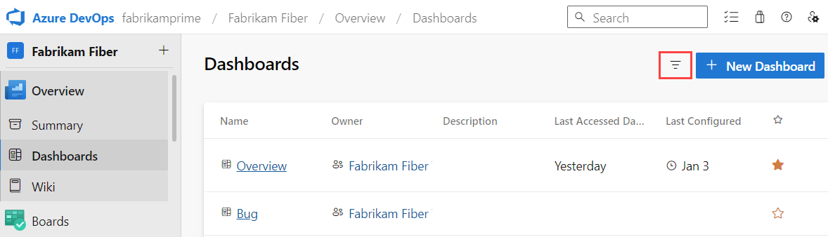 Screenshot of Filter the dashboard directory.