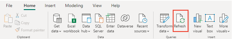 Captura de pantalla de Power BI, Actualizar datos de informe.