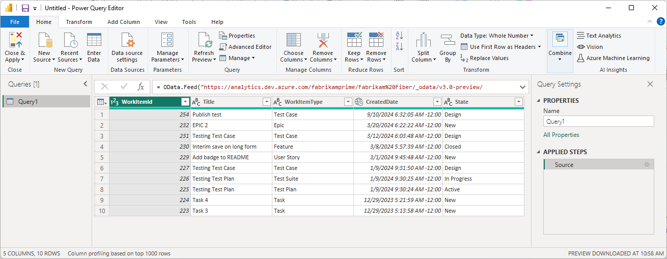 Captura de pantalla que muestra Editor de Power Query abrir para la fuente OData de Power BI.