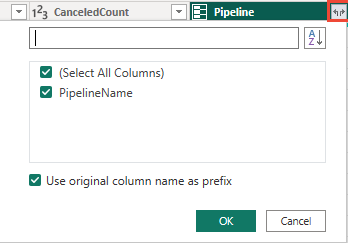 Captura de pantalla del menú de expansión de la columna Pipelines. 