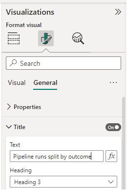 Captura de pantalla del panel Visualizaciones, Opciones de formato de informe, cambiar título. 