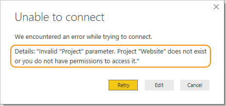 Captura de pantalla que muestra el error Proyecto no encontrado.