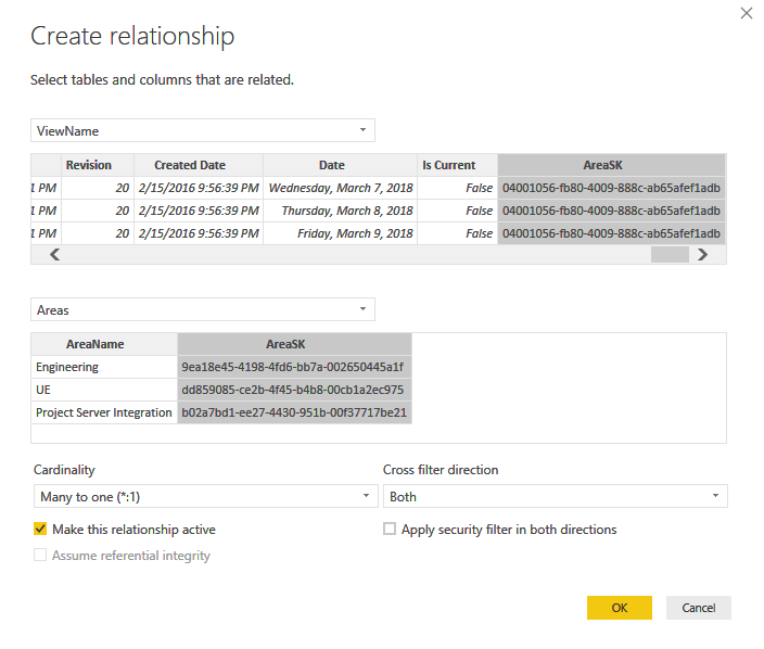 Power BI Desktop, cuadro de diálogo Administrar relaciones, Ver hasta área