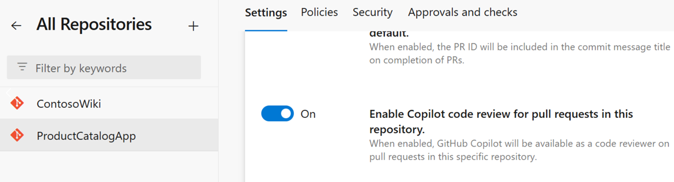 Configuración de Copilot con la opción Habilitar revisión de código Copilot para las solicitudes de incorporación de cambios establecida en On.