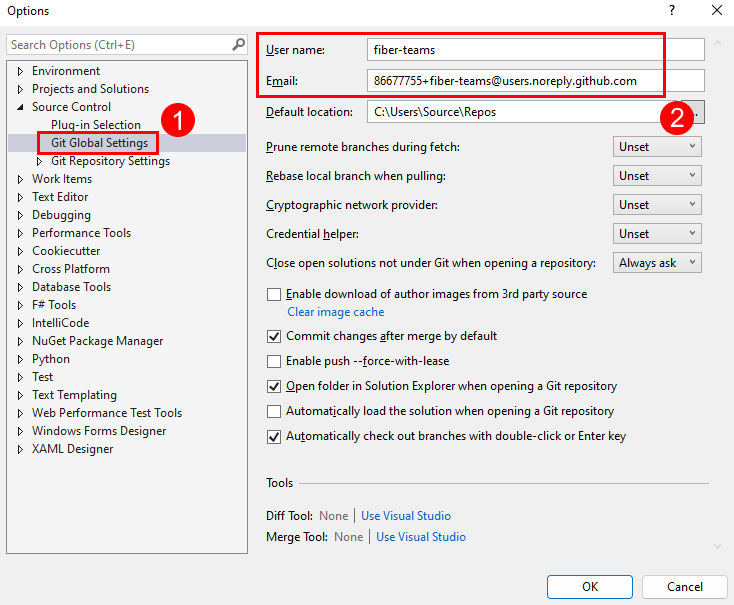 Captura de pantalla de los valores de nombre y correo electrónico en Configuración global de Git en el cuadro de diálogo Opciones de Visual Studio.