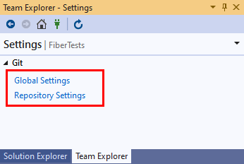 Captura de pantalla de los vínculos Configuración global y Configuración del repositorio en la vista Configuración de Team Explorer.