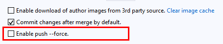 Captura de pantalla en la que se muestra la casilla para habilitar la inserción forzada con concesión en Team Explorer en Visual Studio 2019.