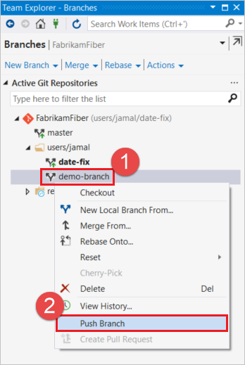 Inserción de una nueva rama desde una etiqueta en Visual Studio.