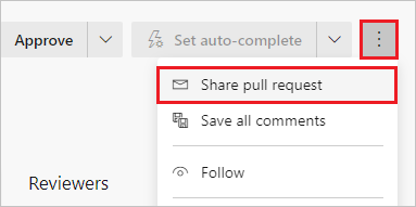 Captura de pantalla que muestra la selección de Share pull request (Compartir solicitud de incorporación de cambios) en la página De información general de P R.
