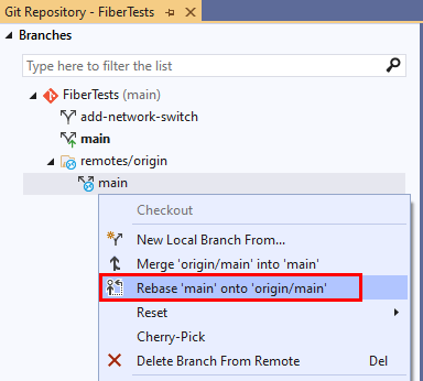 Captura de pantalla de la opción Fusionar mediante cambio de base en el menú contextual de la rama en la ventana Repositorio de Git de Visual Studio.