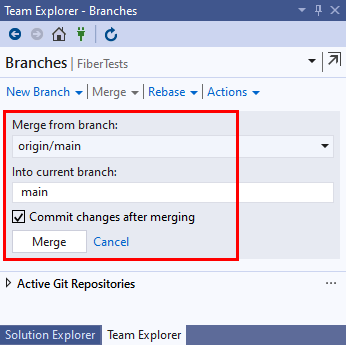 Captura de pantalla de los detalles de la fusión mediante combinación en la vista Ramas de Team Explorer en Visual Studio 2019.