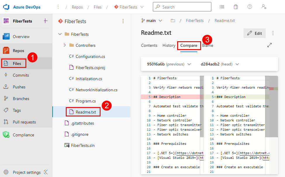 Captura de pantalla de la vista Comparación de archivos en la página del proyecto de Azure DevOps.