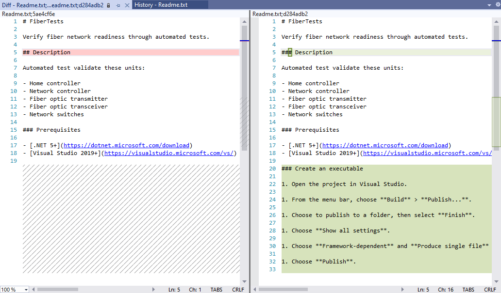 Captura de pantalla de la vista de diferencias de archivos en Visual Studio 2022.