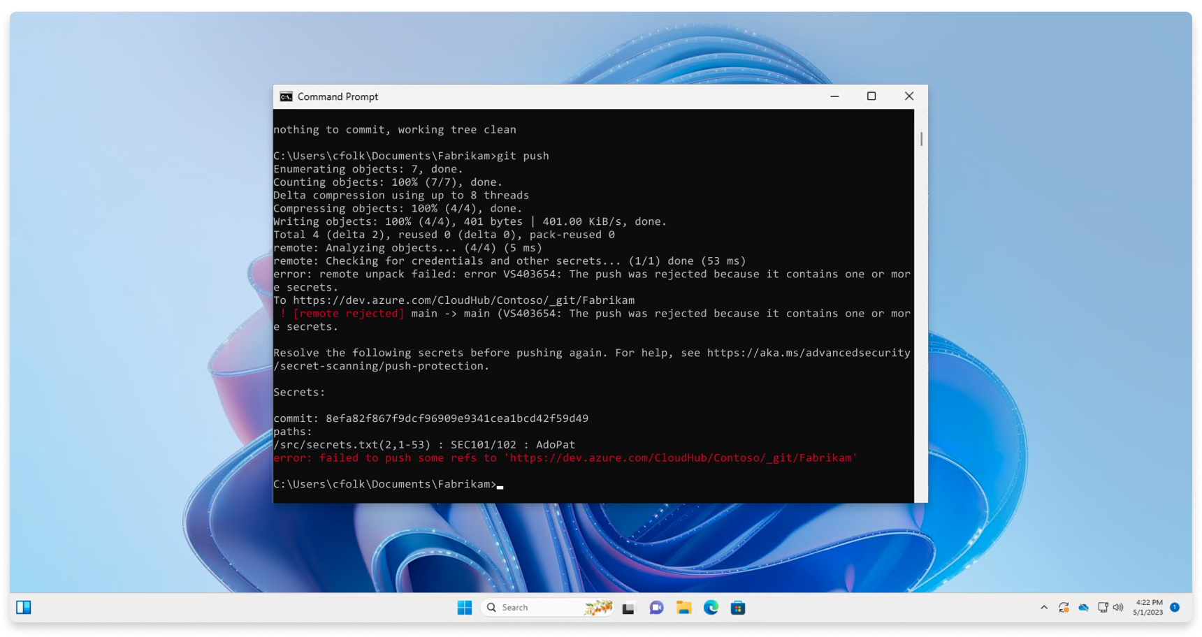 Captura de pantalla en la que se muestra el bloqueo de una inserción de Git desde VS Code