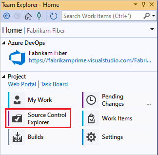 Captura de pantalla que muestra la página principal de Team Explorer con el Explorador de control de código fuente seleccionado.