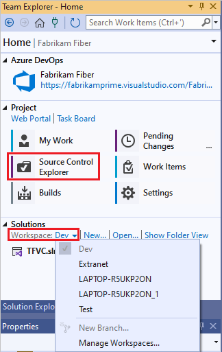 Captura de pantalla que muestra Team Explorer, donde puede seleccionar Explorador de control de código fuente o Administrar áreas de trabajo.