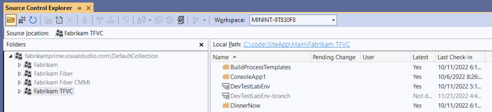 Captura de pantalla del Explorador de control de código fuente en Visual Studio. Hay una ruta de acceso local y varias carpetas y ramas visibles.