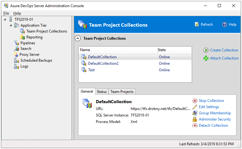 Captura de pantalla de la consola de Administración, nodo Team Project Collections, Azure DevOps Server 2019-2020.