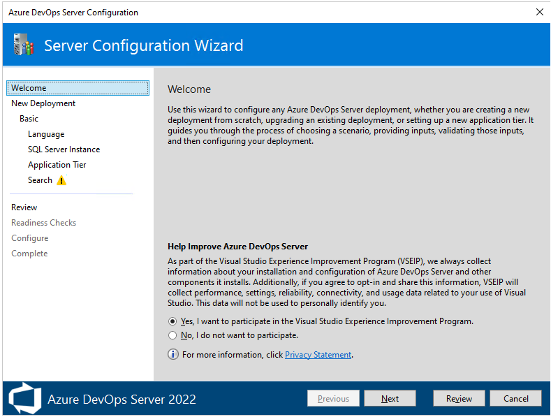 Captura de pantalla del Asistente para configurar servidor, página principal de 2022. 