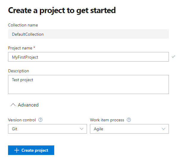 Captura de pantalla del portal web, cuadro de diálogo Crear proyecto.