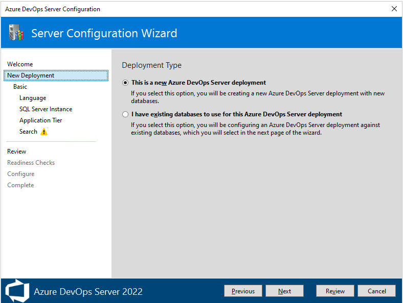 Captura de pantalla del Asistente para configurar servidor, página Nueva implementación, 2022. 