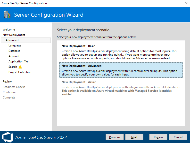 Captura de pantalla del Asistente para configuración del servidor, Nueva implementación, Opción avanzada seleccionada, 2022.