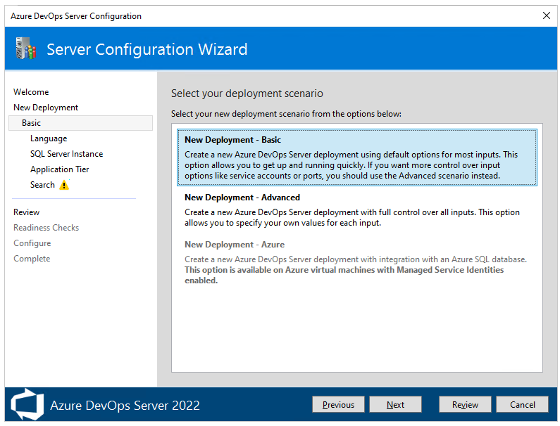 Captura de pantalla del Asistente para configuración del servidor, Nueva implementación, opción Básica seleccionada, 2022.