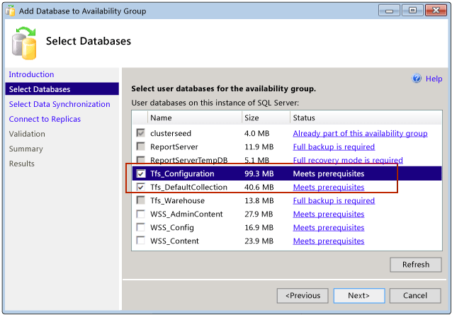 Adición de bases de datos de Azure DevOps Server al grupo de disponibilidad Always On