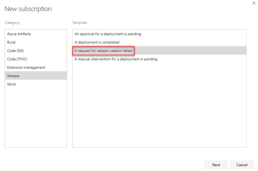 Captura de pantalla que muestra el Asistente para nueva suscripción con la categoría Versión resaltada y la opción A request for release creation failed (Solicitud de creación de versión con error) resaltada.