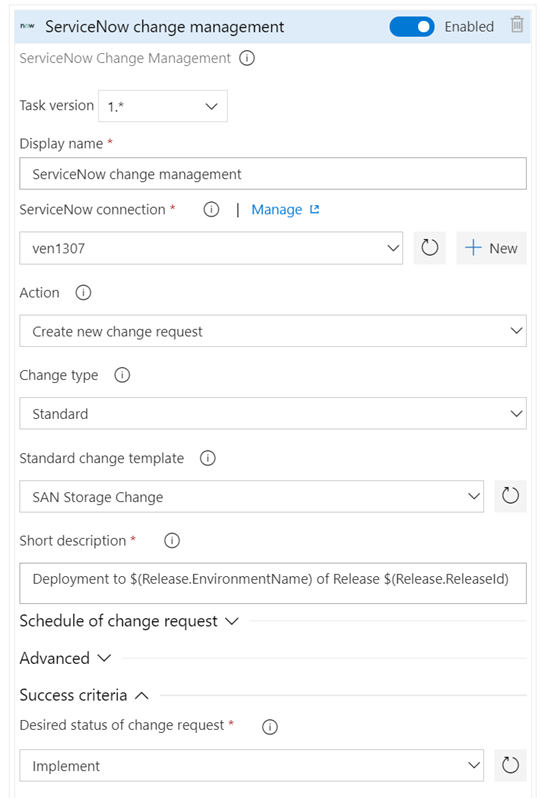 Captura de pantalla que muestra la característica de administración de cambios de ServiceNow.