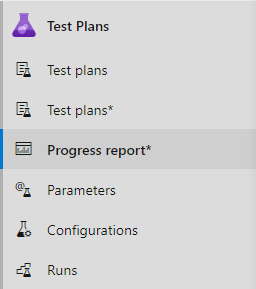 Captura de pantalla de la sección Test Plans con la opción Informe de progreso resaltada.