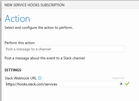 Captura de pantalla del cuadro de diálogo Acción con la dirección URL de Web Hook.