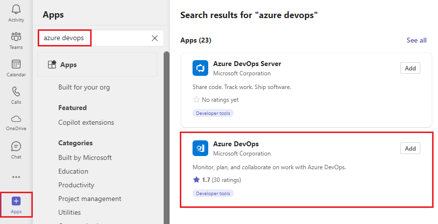 Captura de pantalla que muestra la búsqueda de Azure DevOps en Teams.