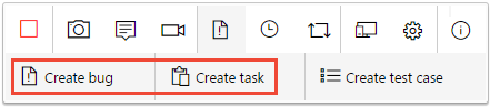 (Captura de pantalla) para agregar un error de la extensión Test & Feedback(Comentarios de prueba), Create bug or task feature (Crear error o característica de tarea).
