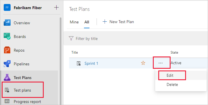 Captura de pantalla que muestra la opción para editar un plan de prueba.