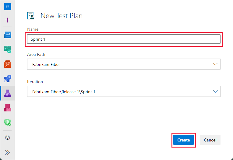 Captura de pantalla de la adición de detalles del plan de prueba para Azure DevOps Server 2020 y Azure DevOps Services.